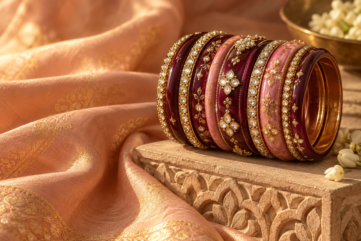 Burgundy and gold handcrafted lac bangles on peach silk